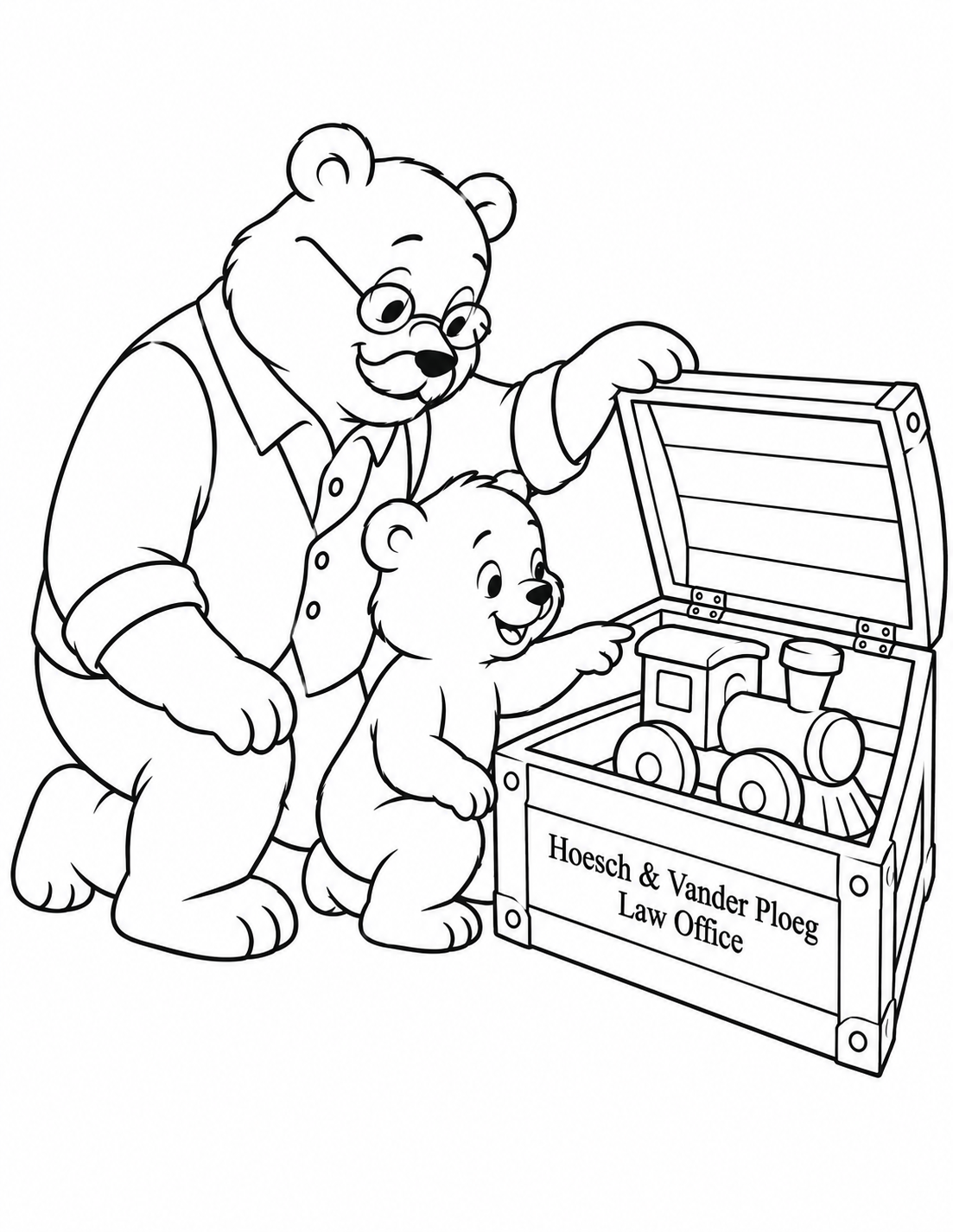 A grandfather bear shows a cub a treasured toy train inside a hinged chest.