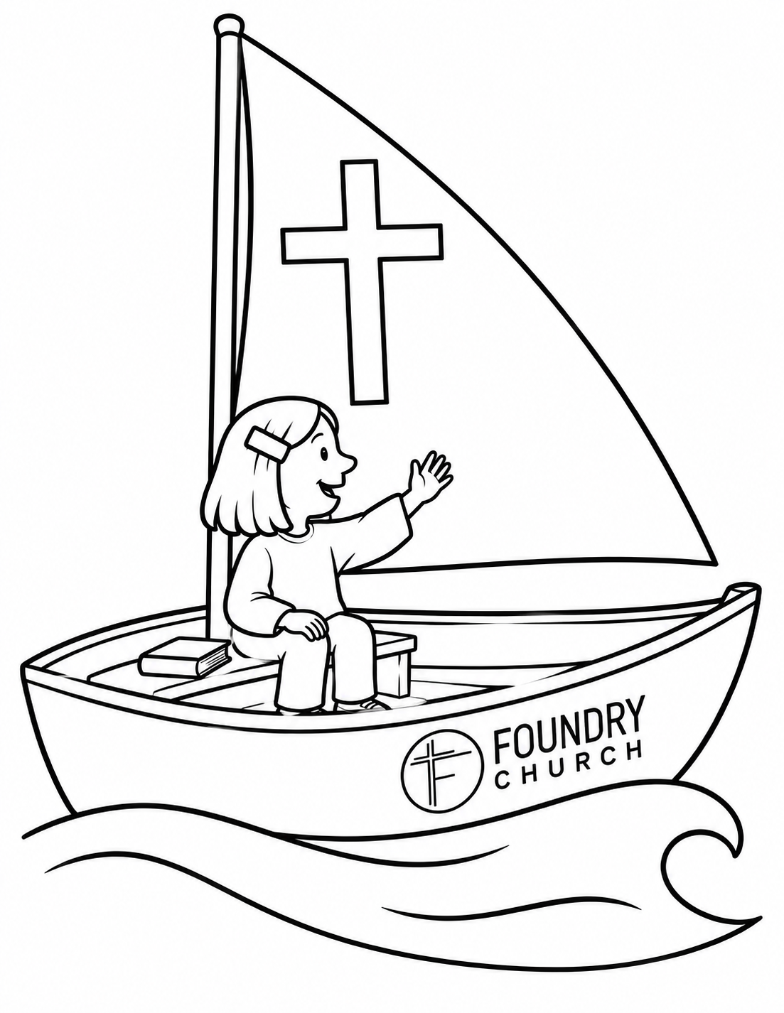 A seated girl waves from a sailboat with a large cross sail and Foundry Church identity on its hull.