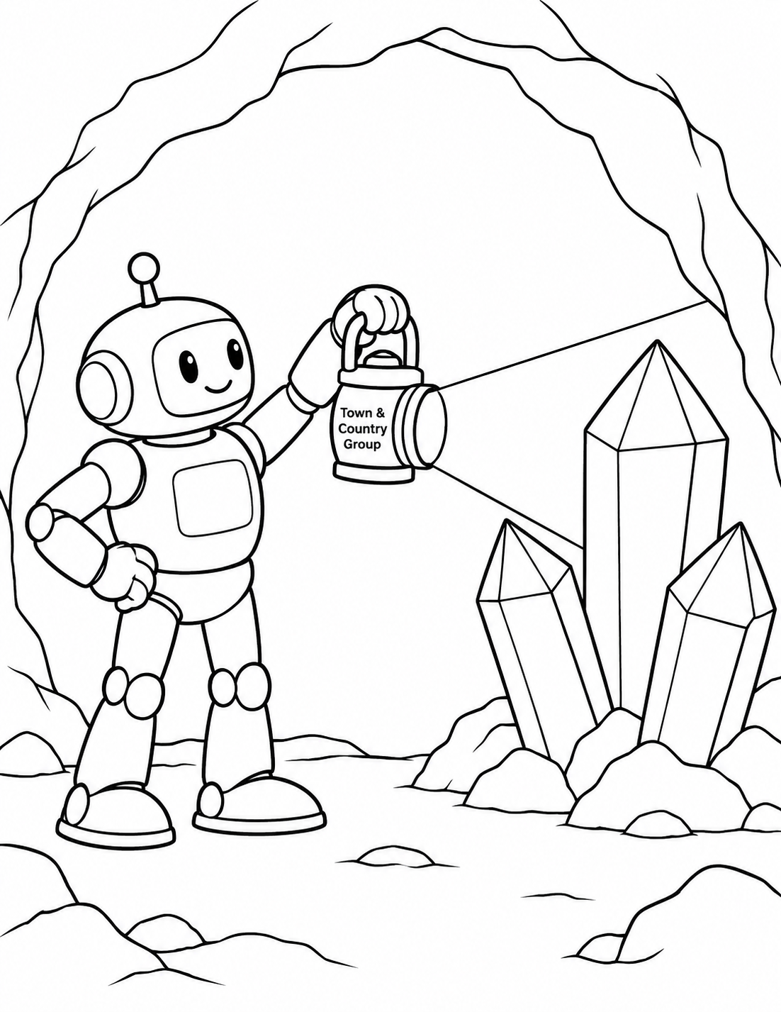 A friendly robot lights a cave and discovers three enormous crystals.