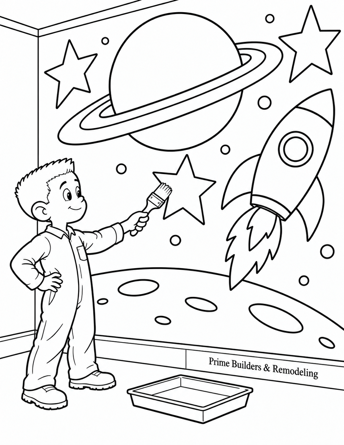 A boy uses a paintbrush to add a star to an enormous space mural.