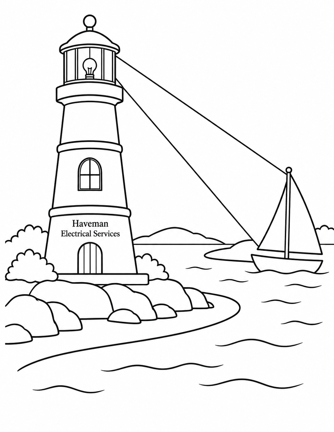 A lighthouse guides a small sailboat with a broad beam of light.
