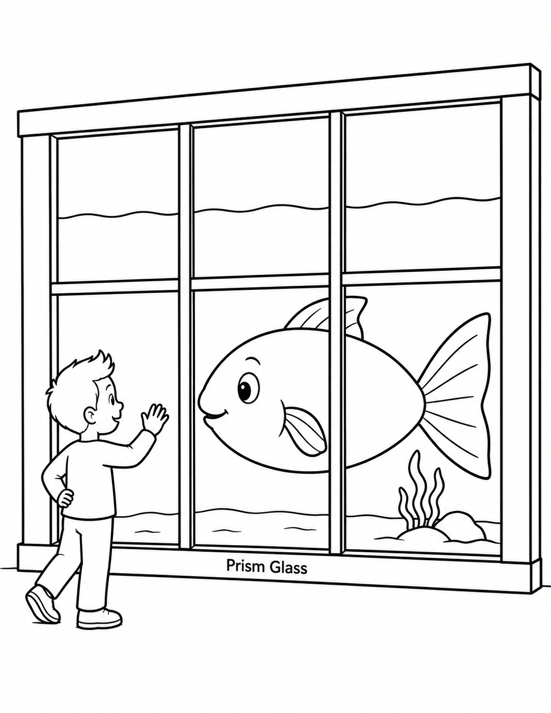 A boy waves at a giant fish through a broad six-pane glass wall.