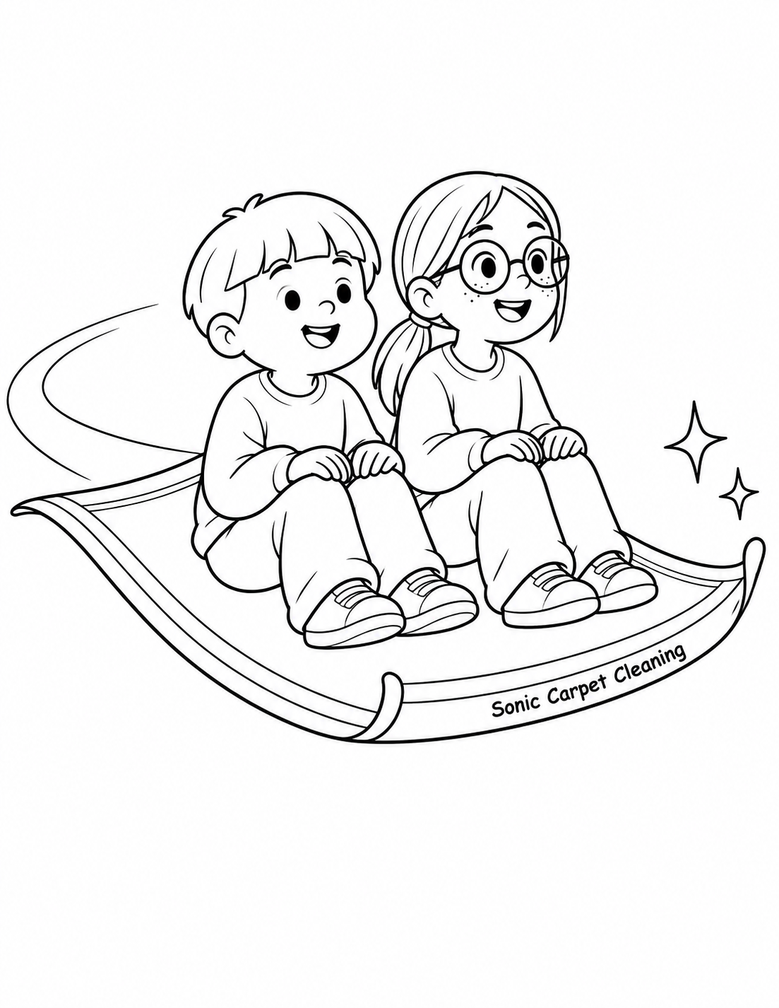 Two smiling children ride a clean flying carpet through open sky.