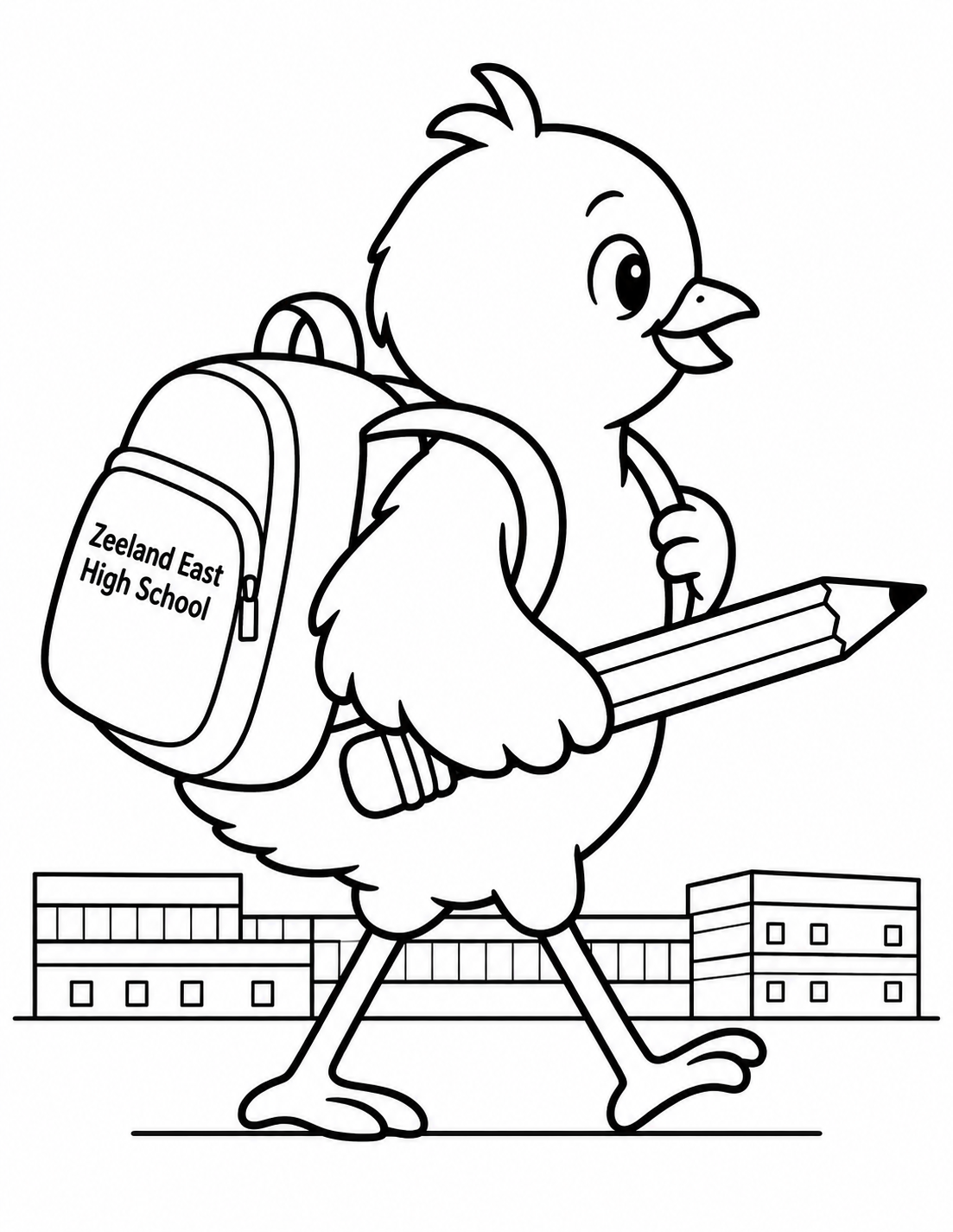 A cheerful chick strides toward school with an oversized backpack and pencil, above a small simplified East school facade.
