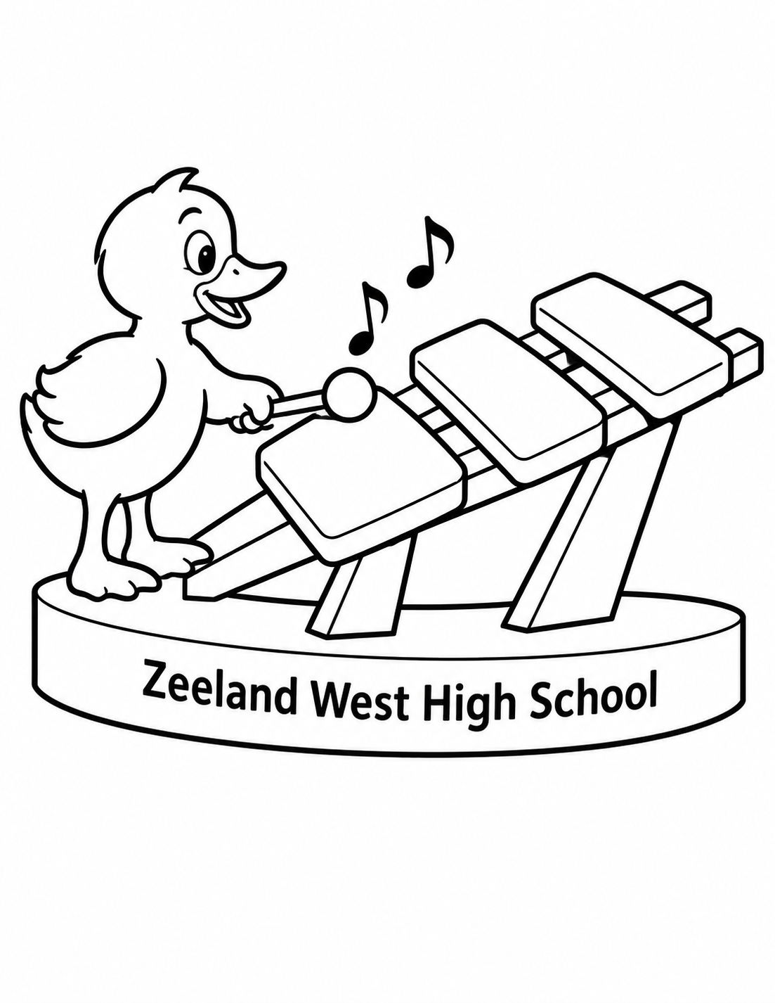 A duck plays three giant xylophone keys on a curved Zeeland West school base.