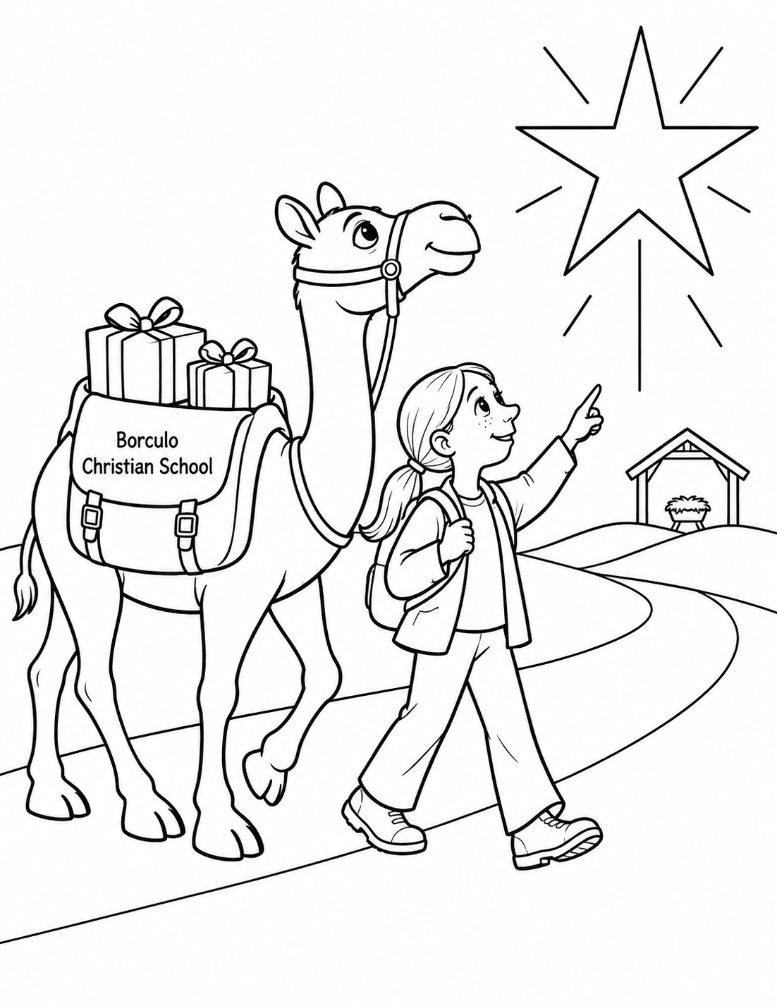 A girl and a gift-laden camel follow a star toward a distant stable.