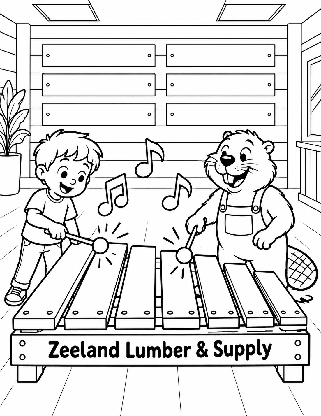 A child and a beaver play a giant xylophone made from broad lumber planks inside a recognizable materials showroom.