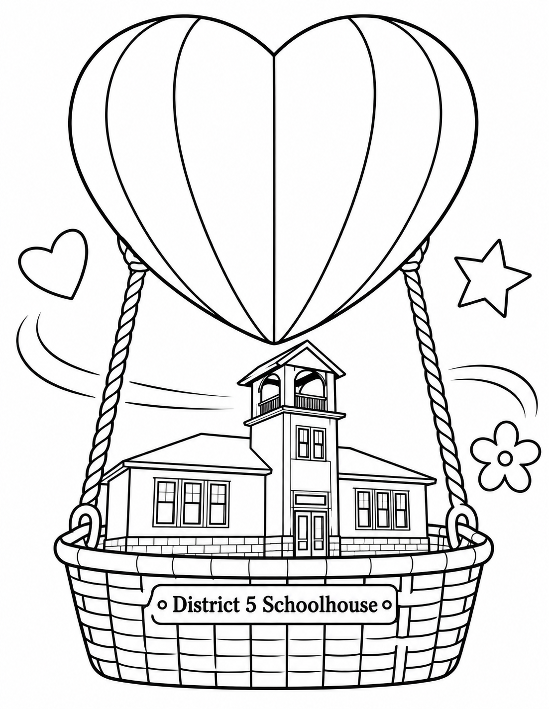 A heart balloon lifts a miniature District 5 Schoolhouse venue in a basket.