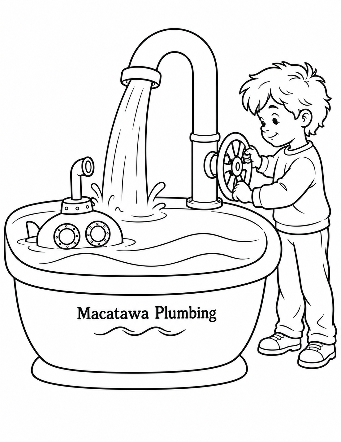 A boy opens a giant tub valve to fill a submarine harbor.