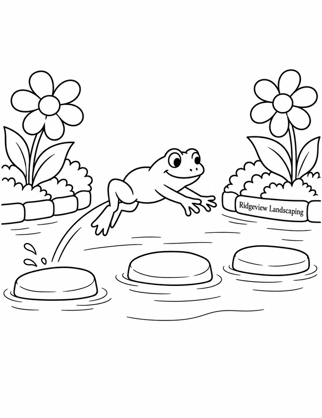 A friendly frog hops across three stepping stones in a landscaped pond.