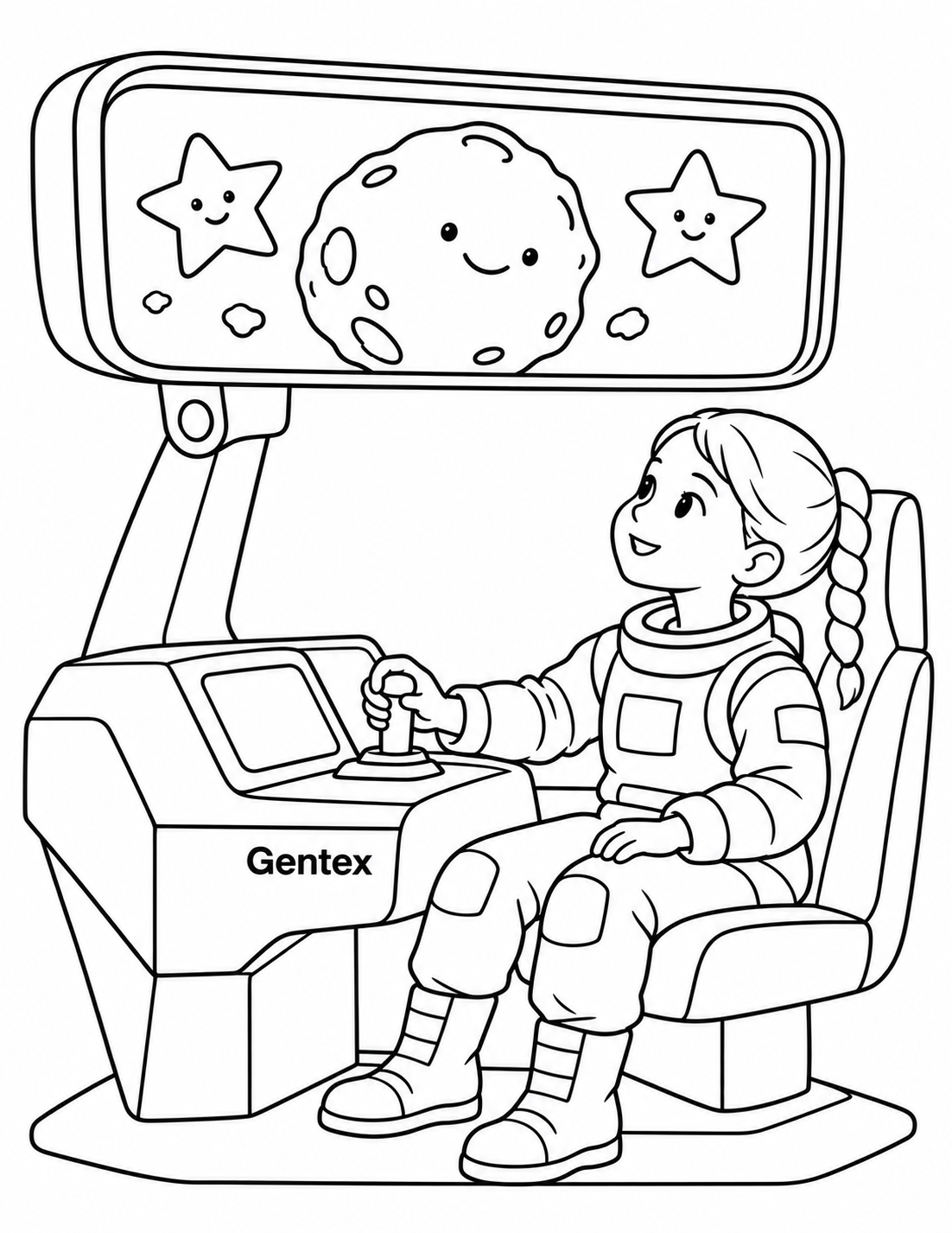 A girl pilots an imagined shuttle while a giant rounded display shows a friendly asteroid.