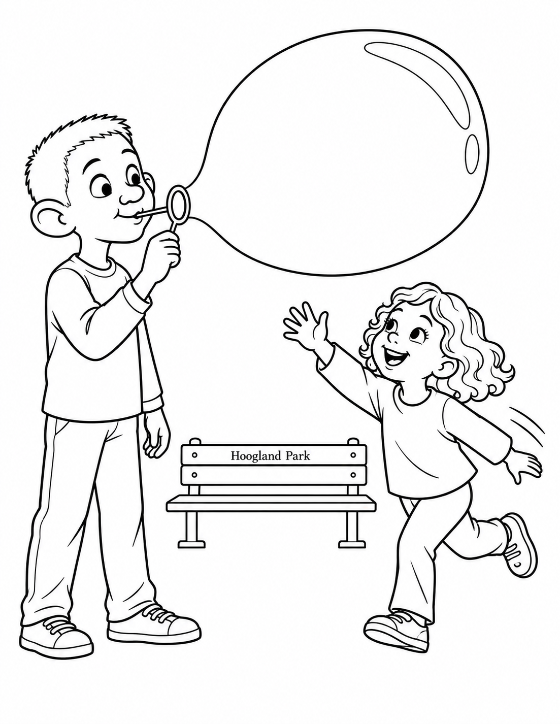 Two children play a giant-bubble chasing game beside a park bench.