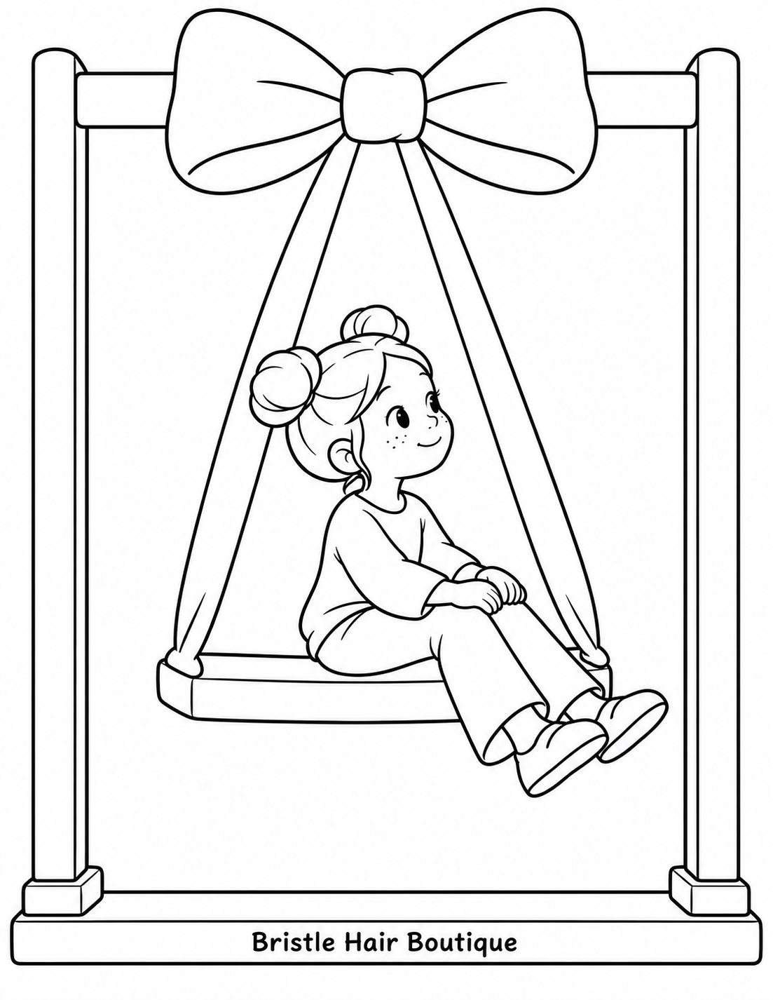 A girl sits in a swing held by two tails of a giant hair bow.