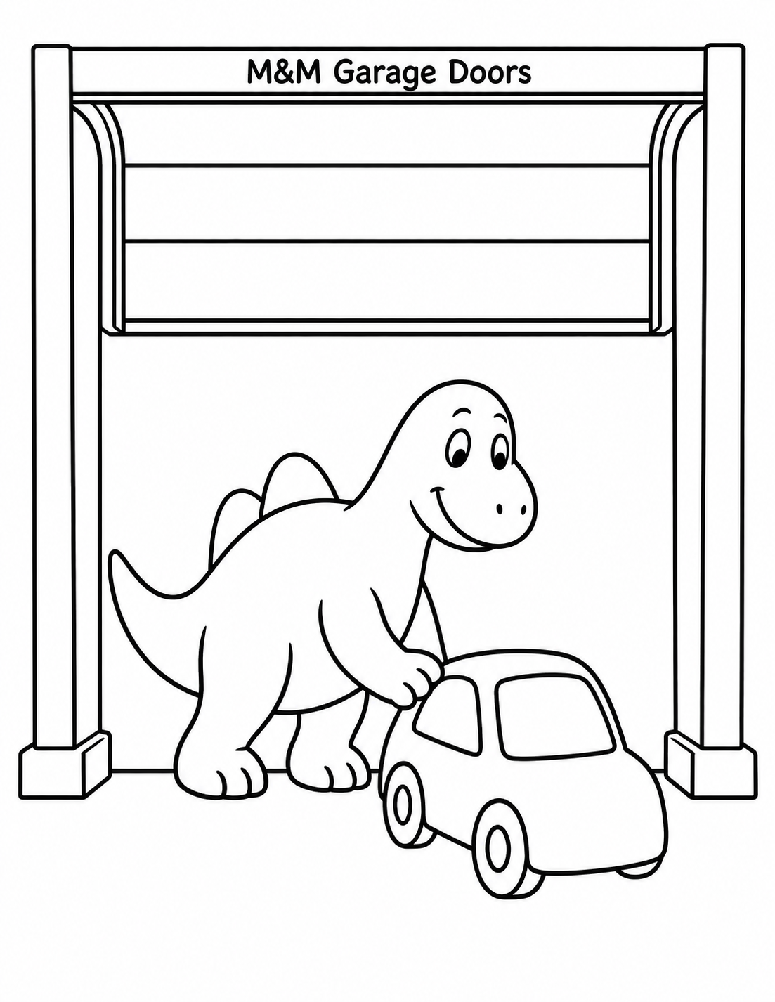 A dinosaur guides a toy car beneath a raised garage door.