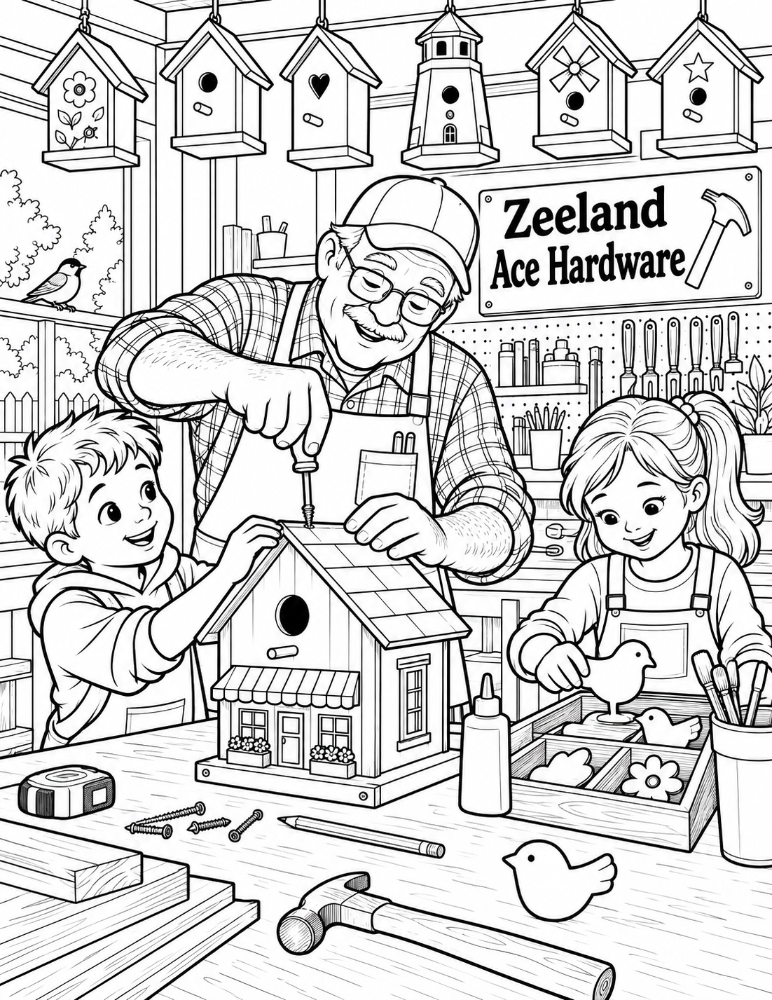 A grandparent and children build and decorate a backyard birdhouse from real hand tools and simple wooden pieces.