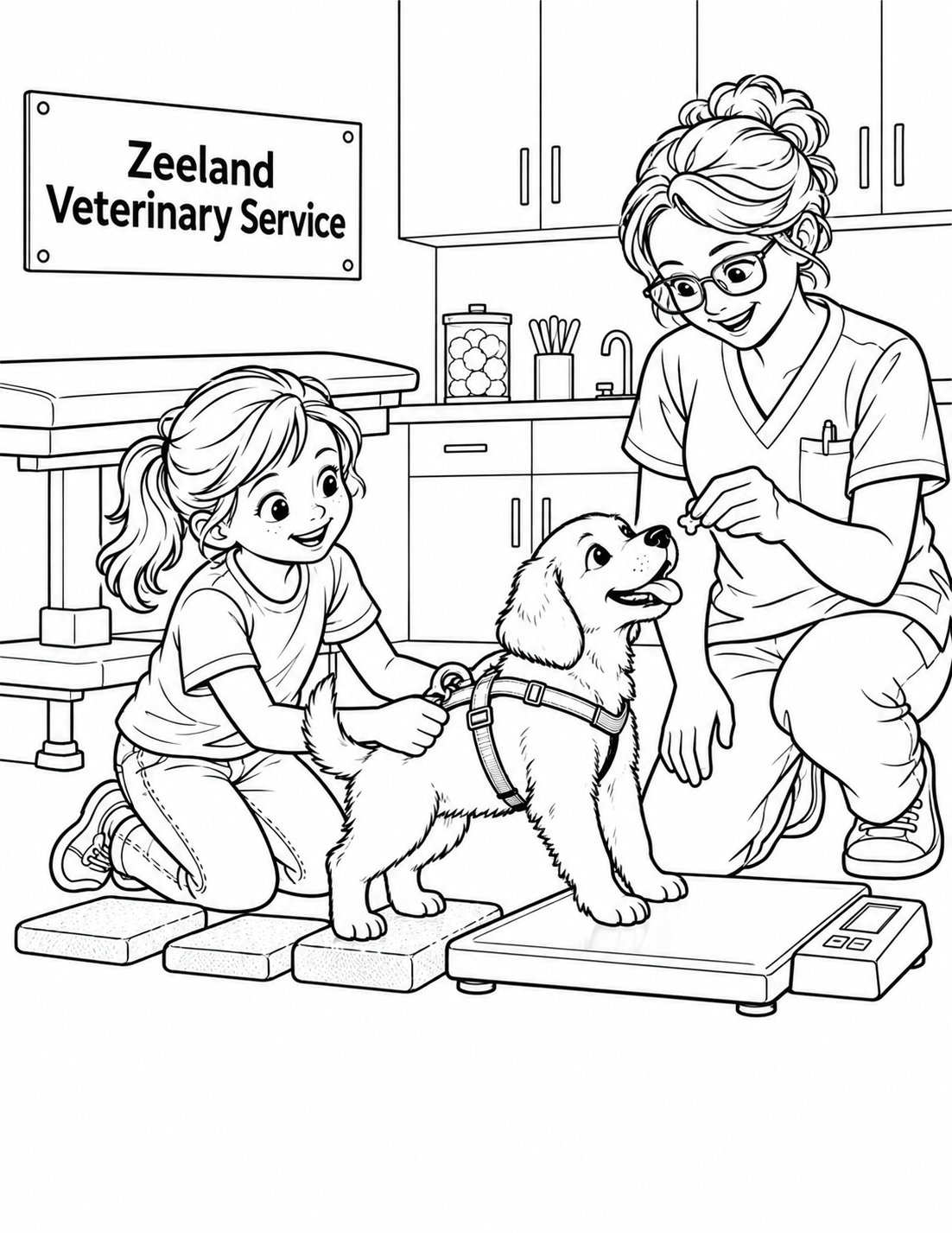 A child and veterinarian guide one puppy across low stepping pads onto a real veterinary floor scale.
