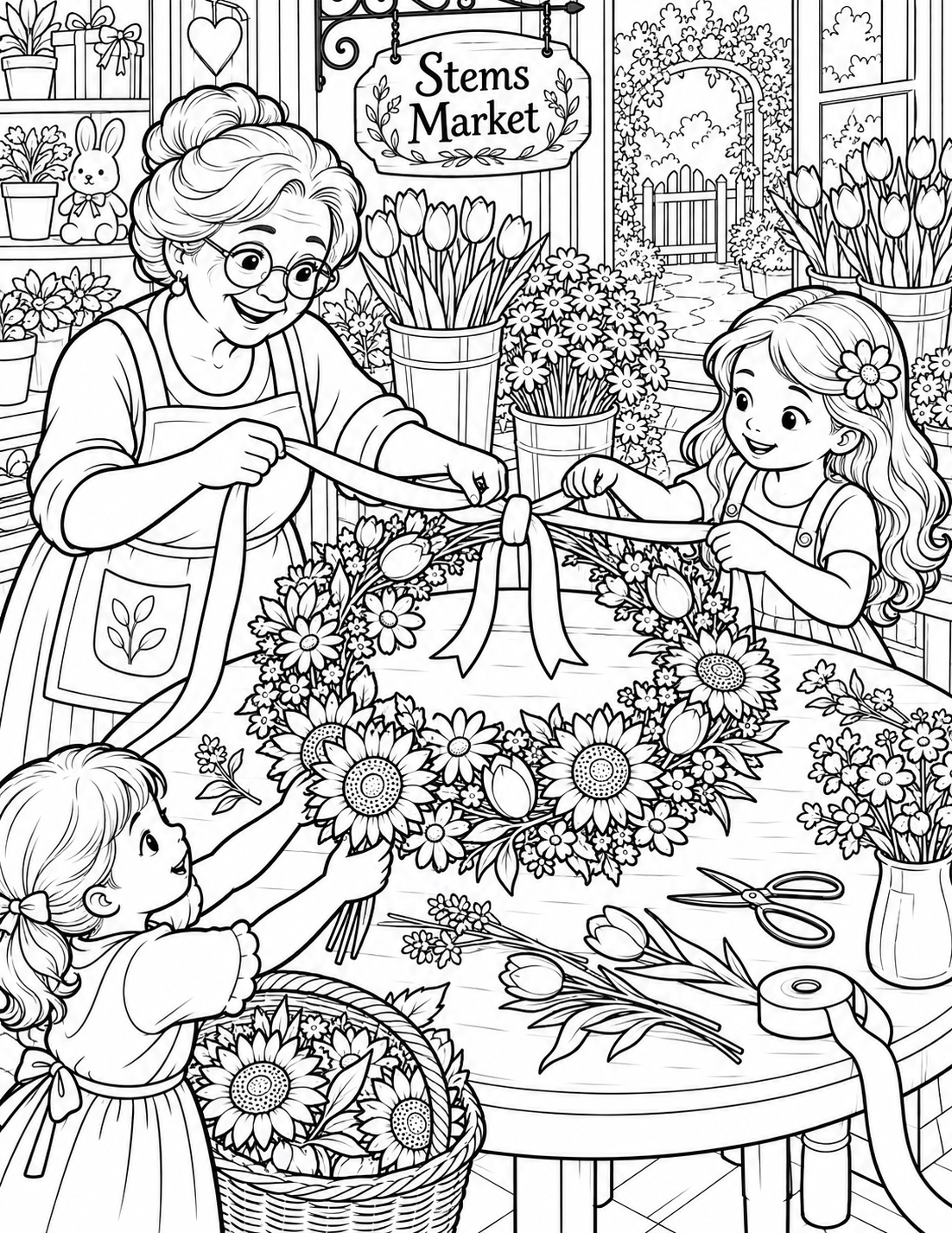 A florist and children gather blooms and build a generous market bouquet surrounded by buckets of flowers.