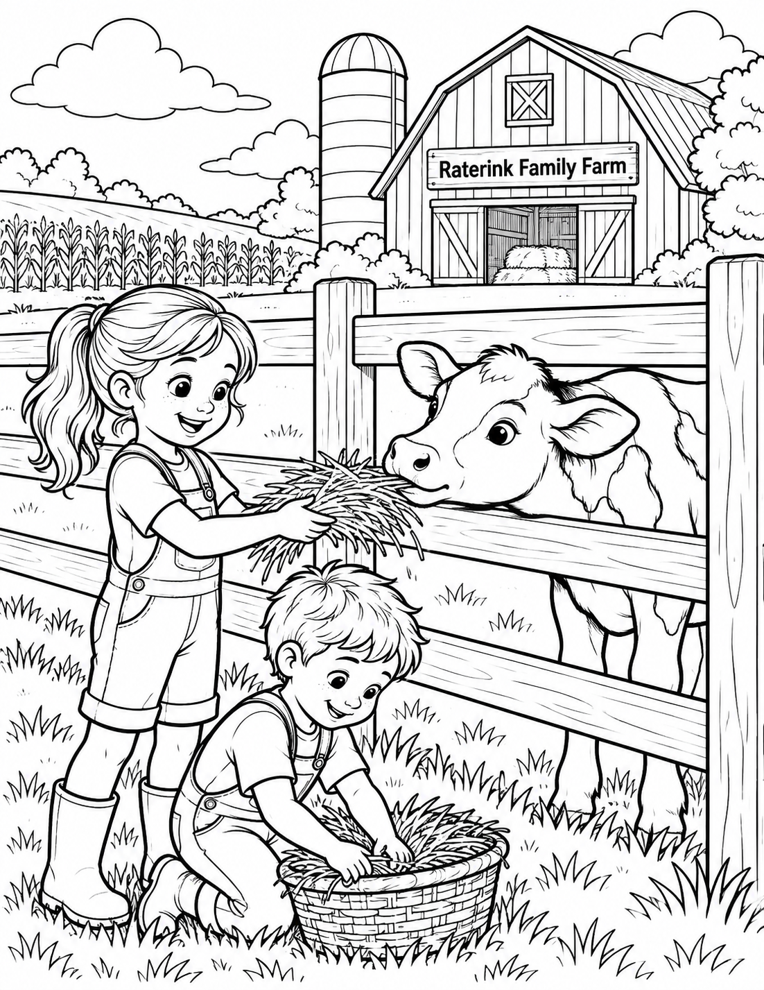 Two children feed one calf through a continuous closed fence while refilling a low hay basket.
