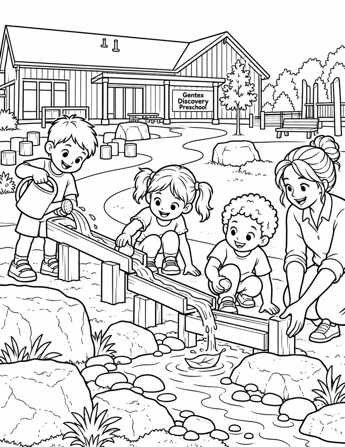 Preschool children investigate a small creek from a safe log bridge near their recognizable outdoor-learning building.