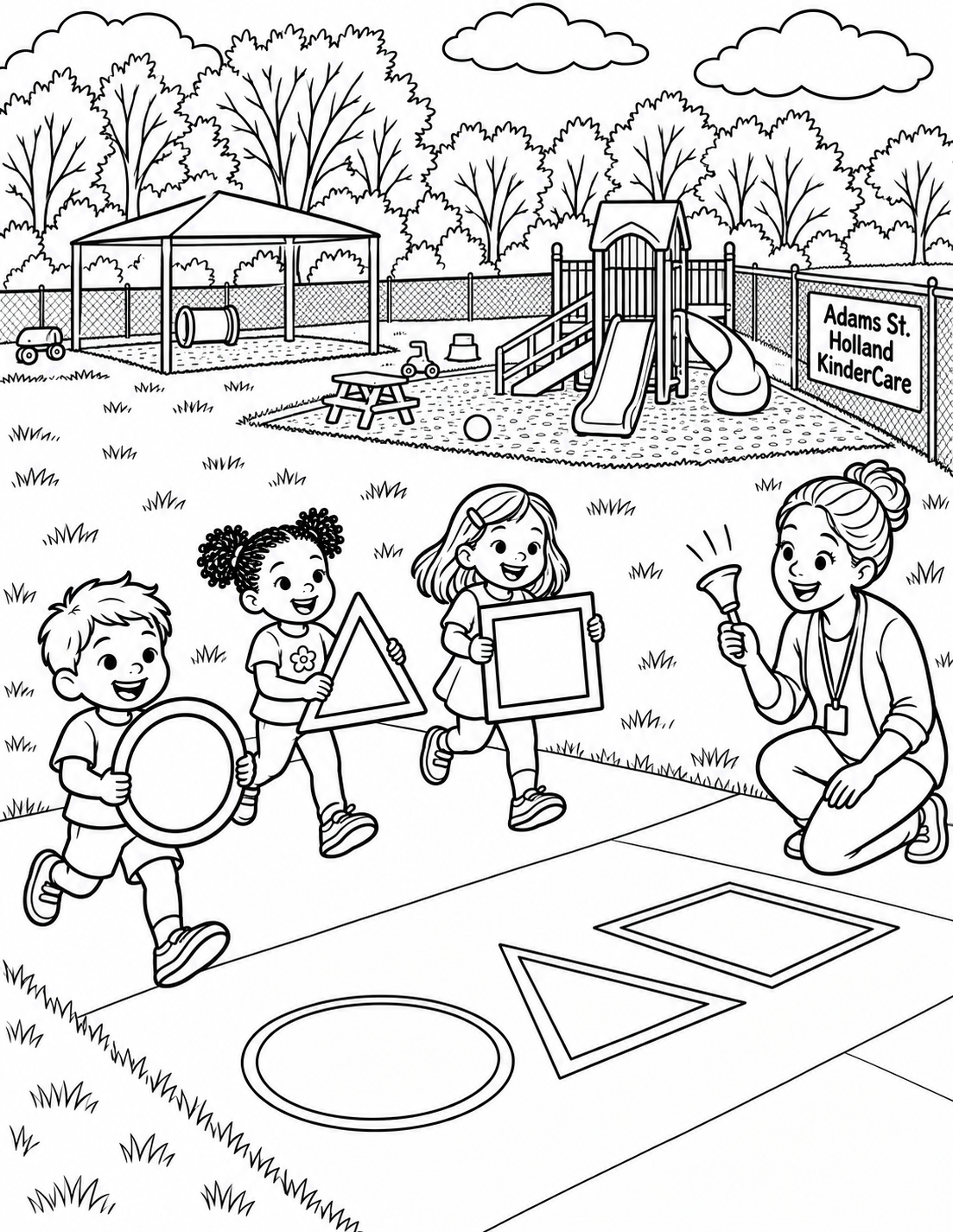 Children carry big shapes through an outdoor movement course while teachers encourage the parade.