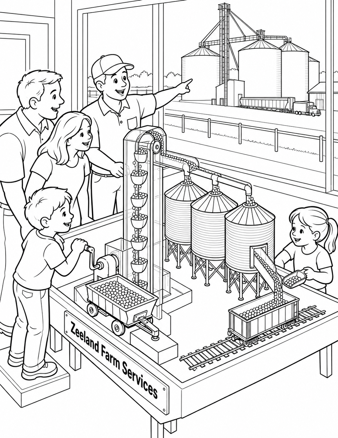 A family operates a detailed moving model of grain elevators, bins, conveyors, and farm trucks.