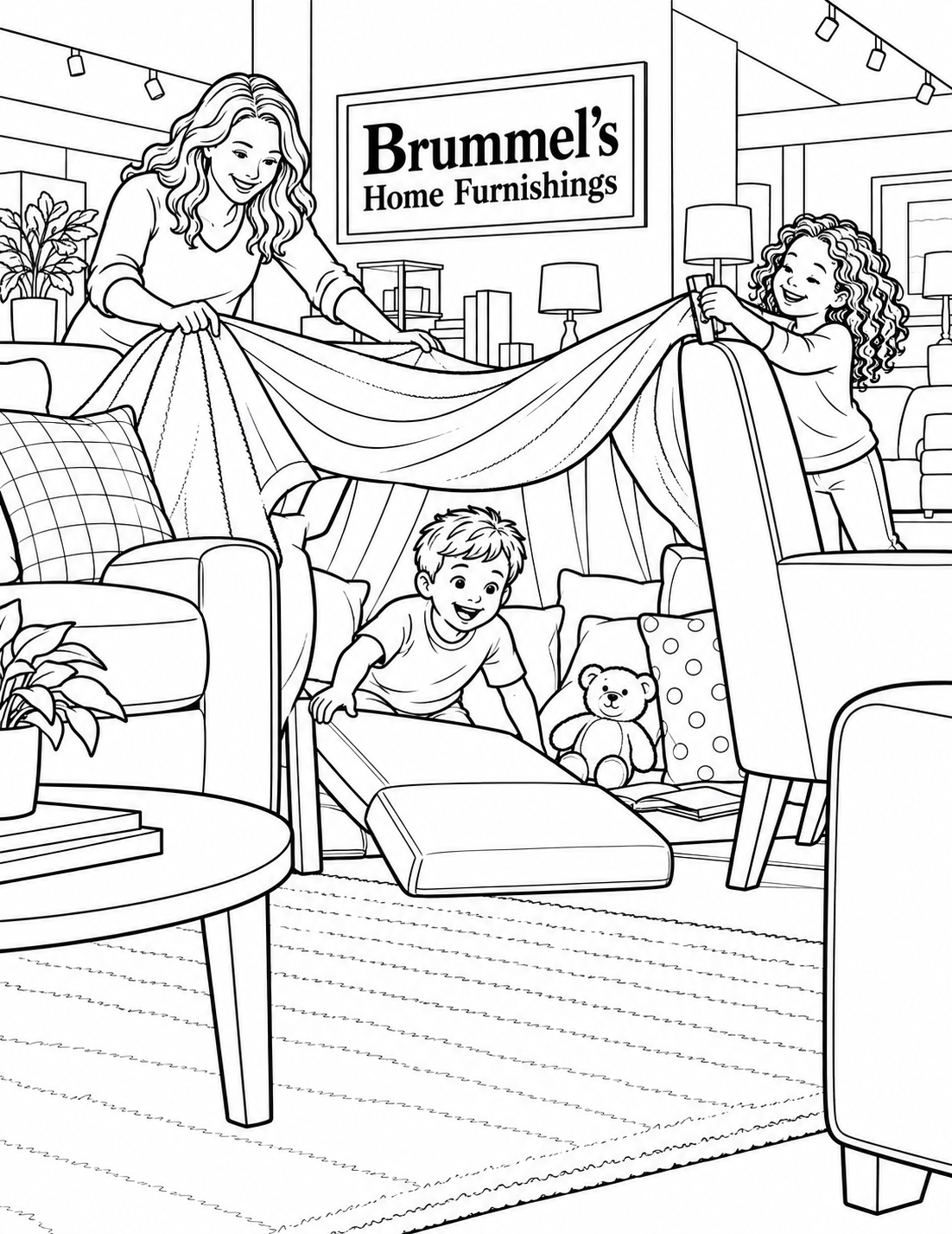 Children and adults transform showroom furniture into a grand blanket fort.