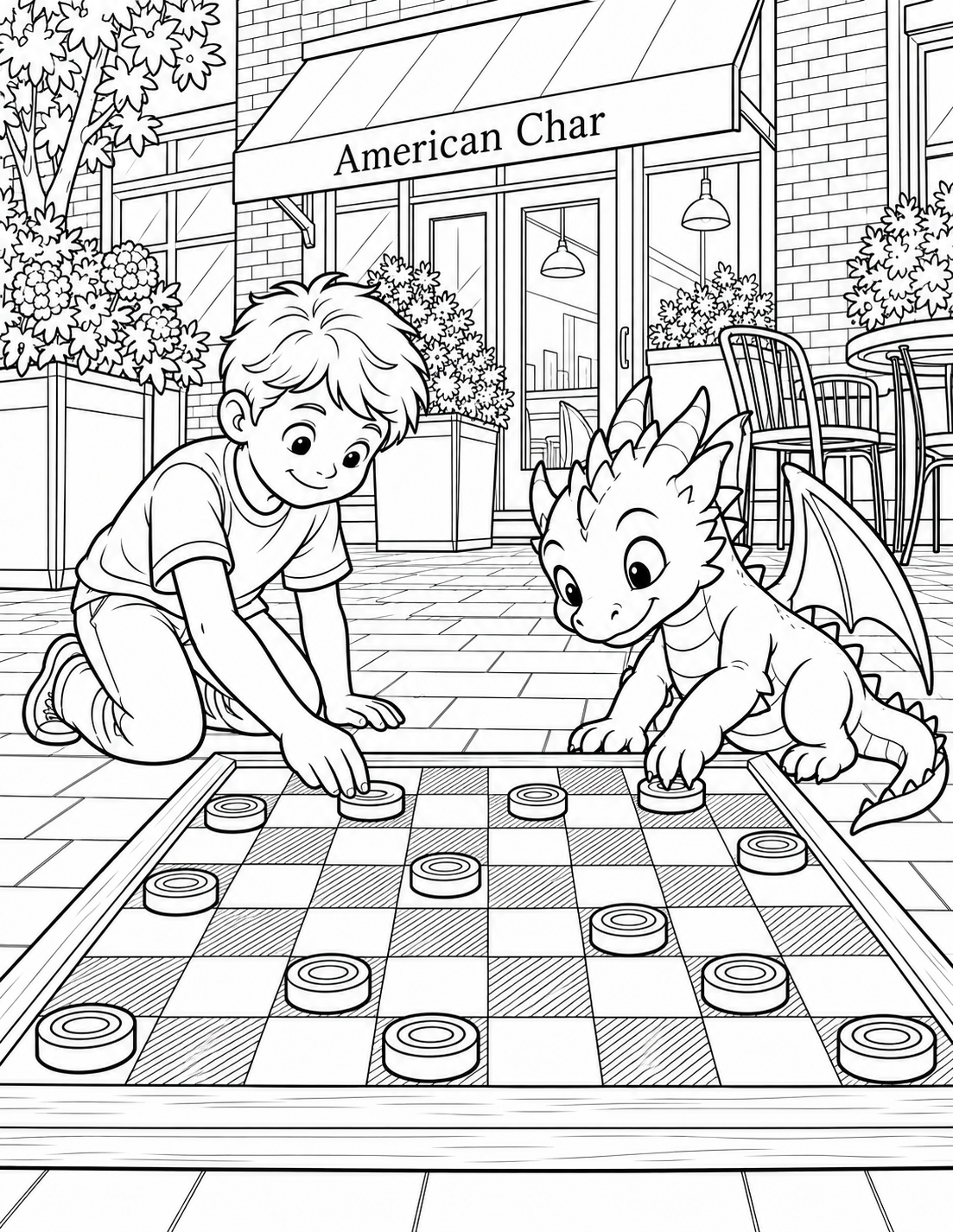 A child and friendly small dragon play a giant patio checker match with briquette-inspired pieces.