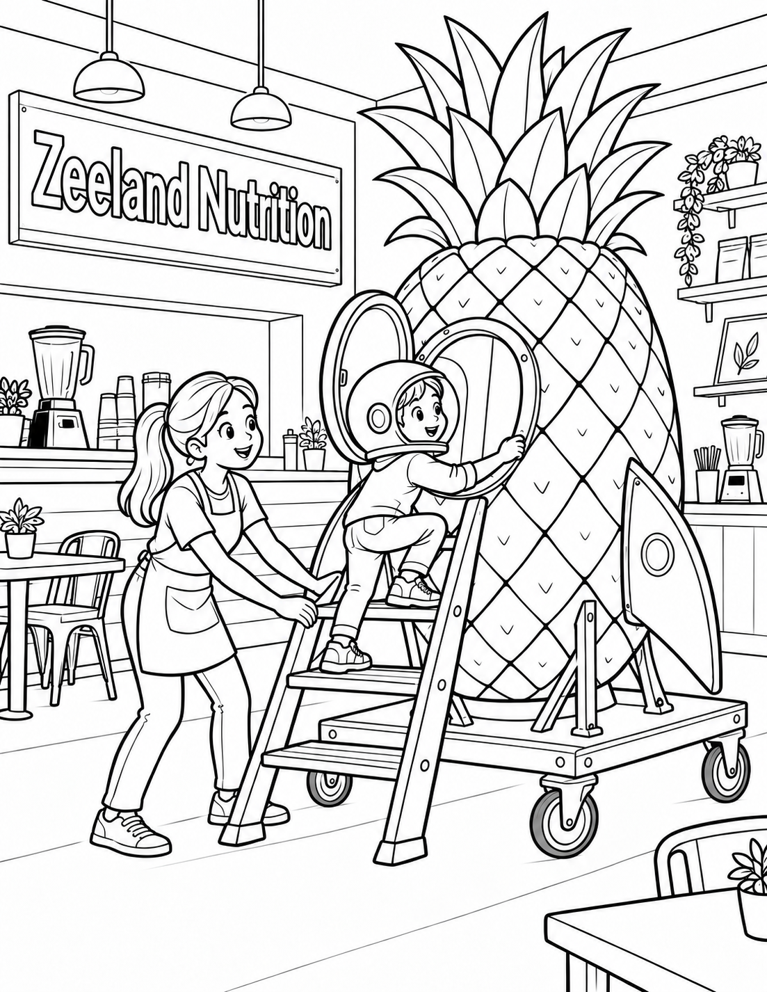 A child astronaut climbs into a giant pretend pineapple rocket while a staff member braces the ladder.