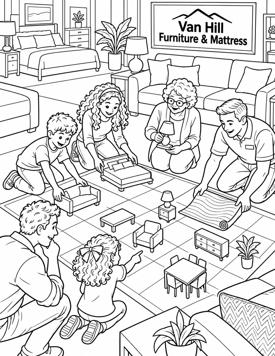 A family builds a miniature dream-room plan among real showroom furniture.