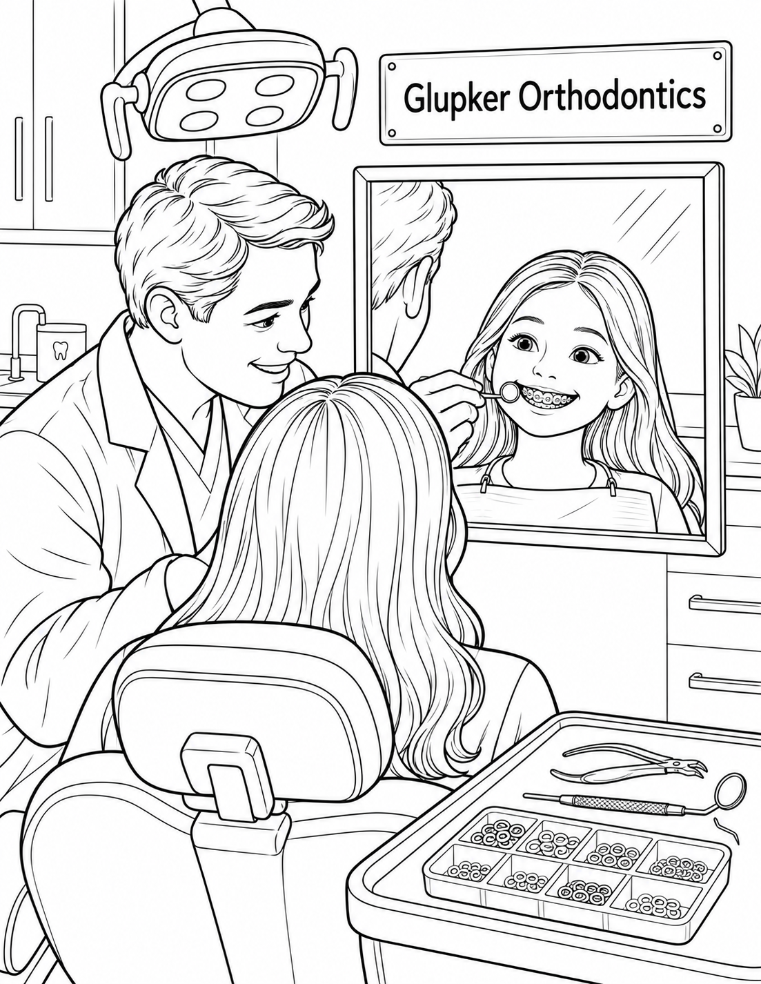 One patient studies her new braces in a fixed mirror while the orthodontist checks one bracket.