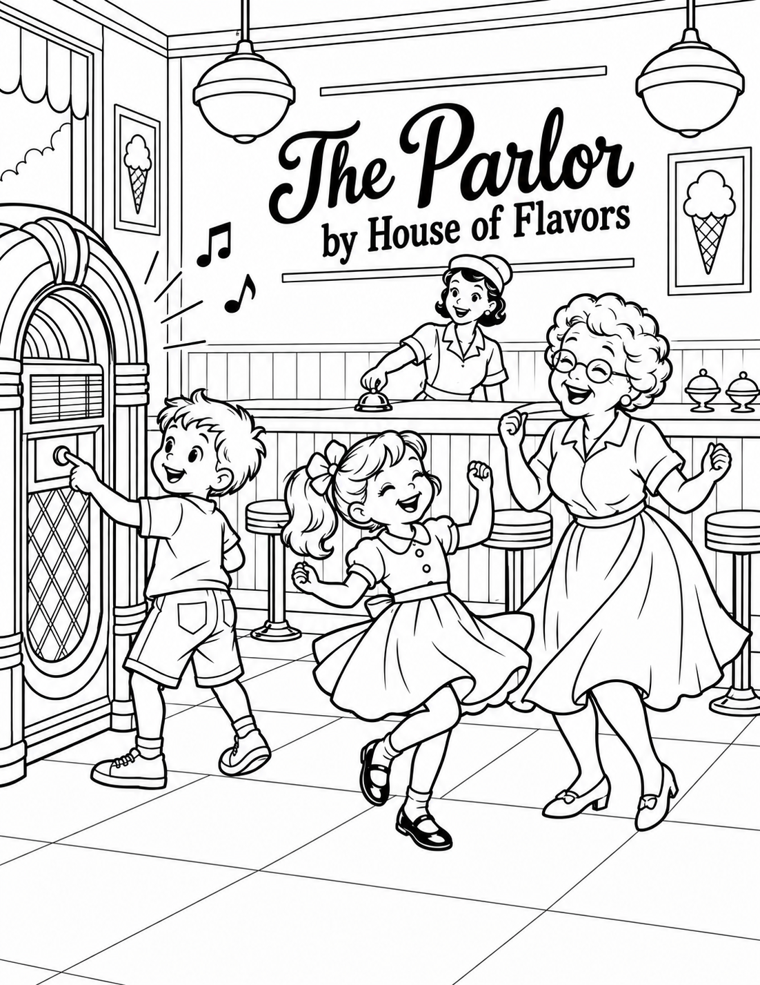 Children and a grandparent dance beside a jukebox while a server rings the counter bell.