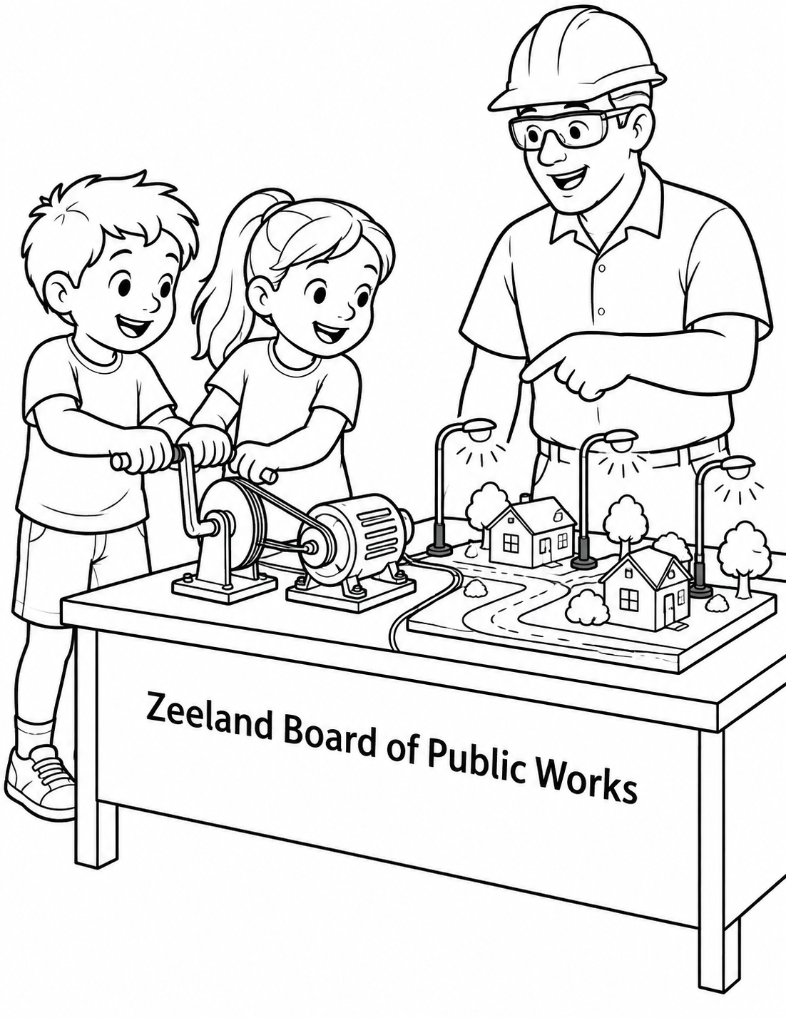 Children power a miniature town with a visible crank, belt, generator, and three streetlights.
