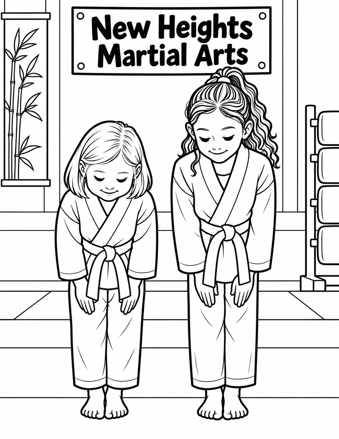 Two students bow respectfully before a lesson, their silhouettes and heights clearly different; generous white space within large uniform shapes.