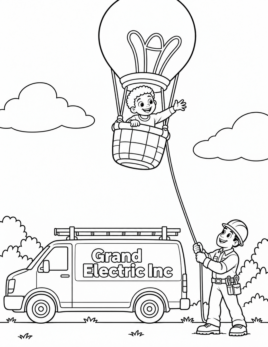 Lightbulb balloon carrying a boy is steadied by an electrician beside a correctly oriented side-view work van.