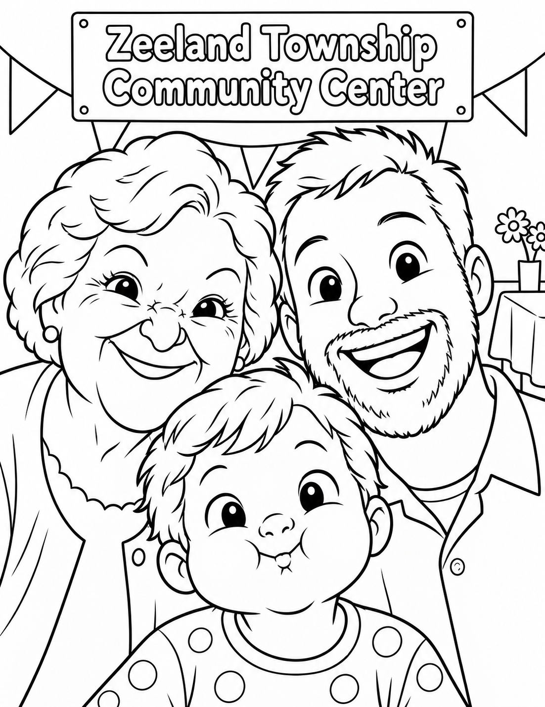 Three generations squeeze cheek-to-cheek for a silly family photograph at a community-hall gathering.