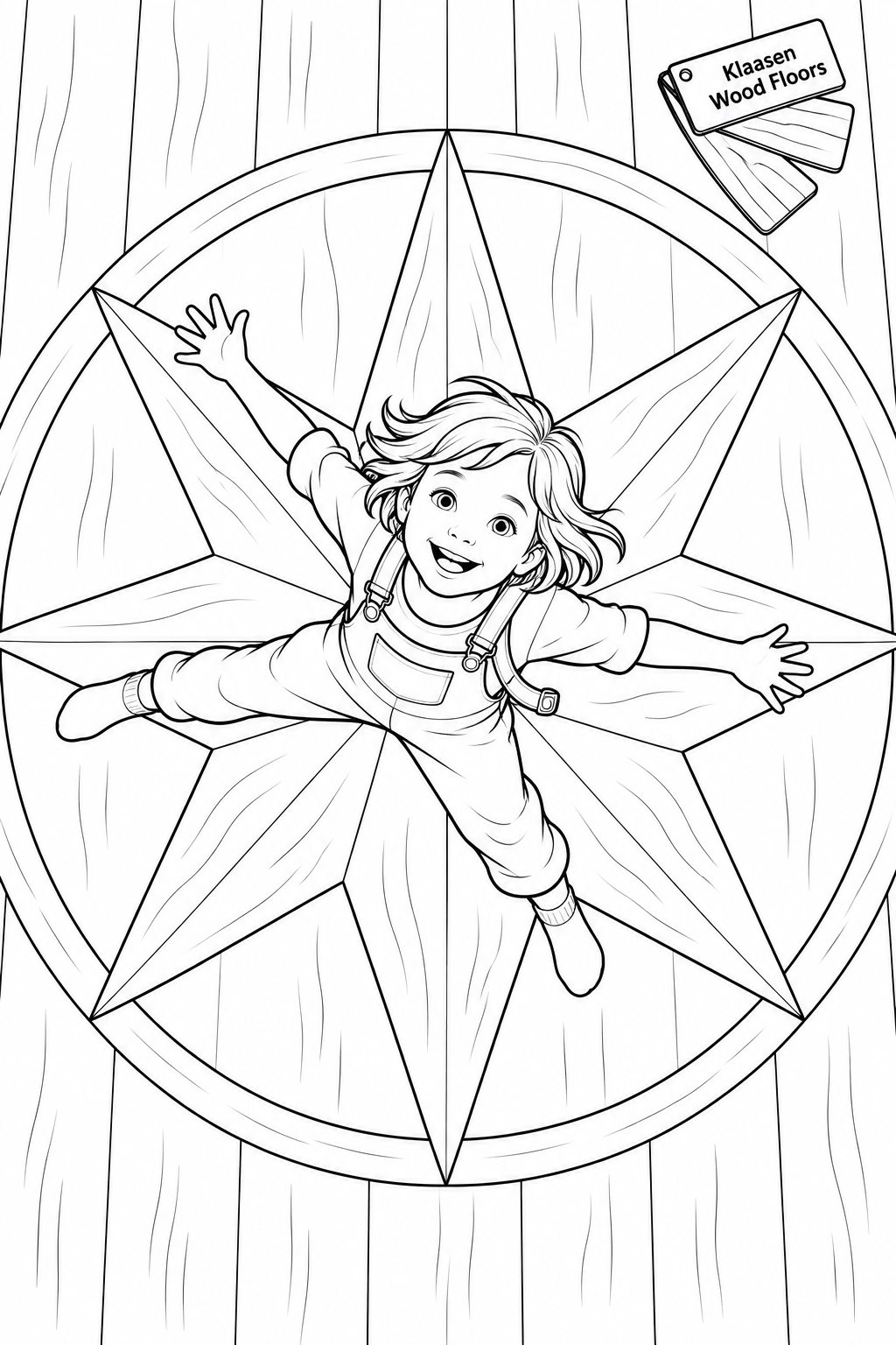 A child spins on an intricate parquet medallion with many tiny pieces.