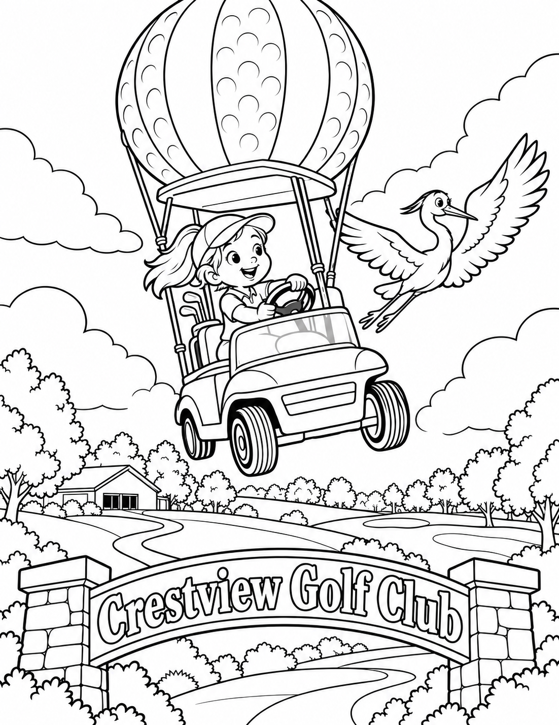 The existing golf-cart airship flies over the course; the accompanying bird carries no flag.