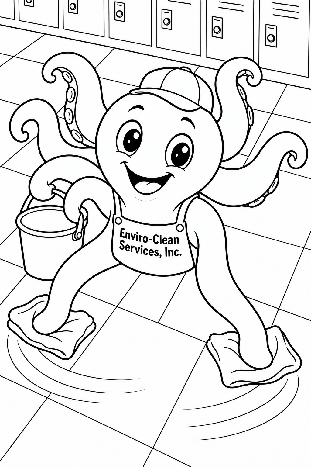 Cheerful octopus custodian sweeps broad cloths in opposite arcs