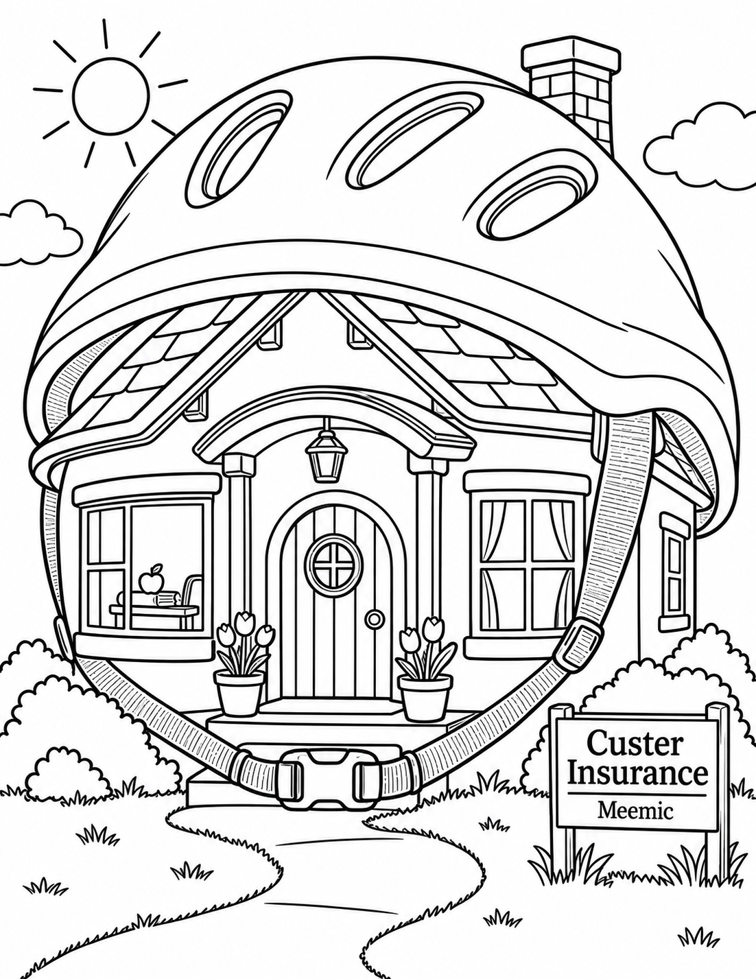 A proud little cottage wears an absurdly oversized bicycle helmet, with its chinstrap buckled beneath the front steps.
