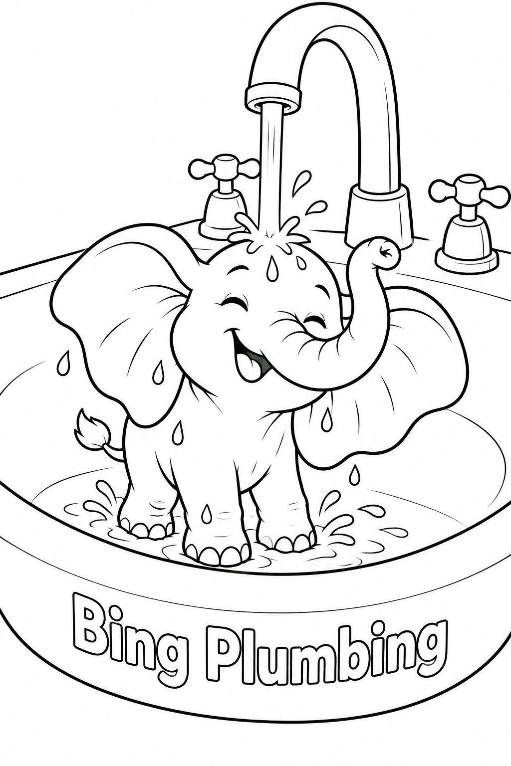 A tiny elephant enjoys a shower under an ordinary bathroom faucet inside a large washbasin.