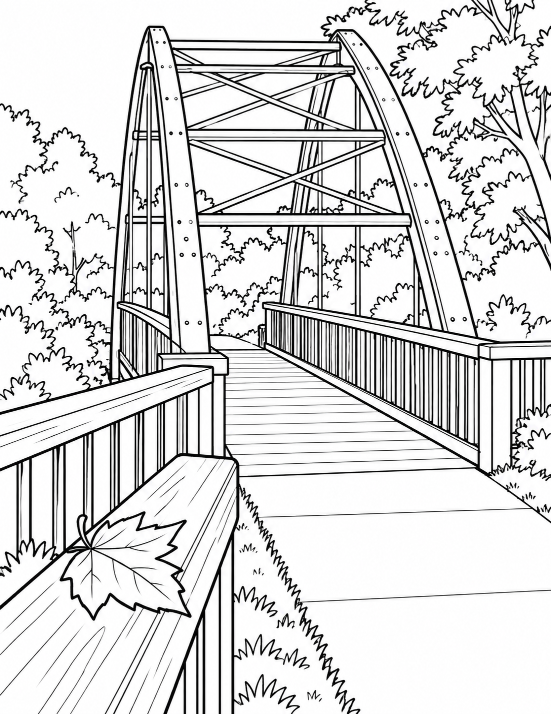 Show Zeeland's Paw Paw Foot Bridge from its photographed paved approach, with the recognizable metal truss opening, overhead crossbraces and connected wooden approach rails. One broad autumn leaf rests on the near wooden rail, giving the child a simple foreground shape to color. Keep the same approach-side viewpoint; crop toward the bridge rather than inventing a side or underside view. The walkway passes continuously through the truss portal and the rails meet its sides correctly. A few broad trees and grass shapes frame the structure without dense foliage. Use the portrait height through the nearby rail, leaf and tall truss opening. Leave the historic marker outside the composition; do not relabel Veneklasen Brick Company as the bridge name. No added lettering, riverbank, boats or people.