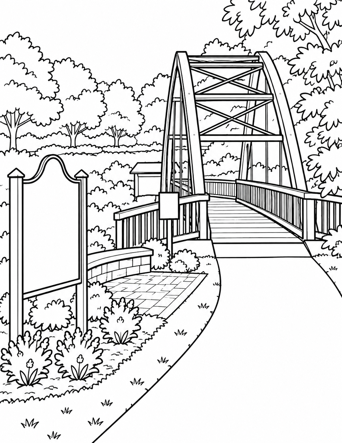 View the real bridge from its photographed paved approach, framing the truss opening and connected wood rails with a few broad leaves; do not invent an unseen riverbank viewpoint.