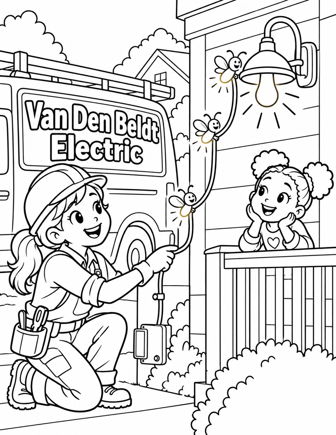 A woman electrician guides friendly fireflies along one simple wire path until a porch lamp glows for a watching child.