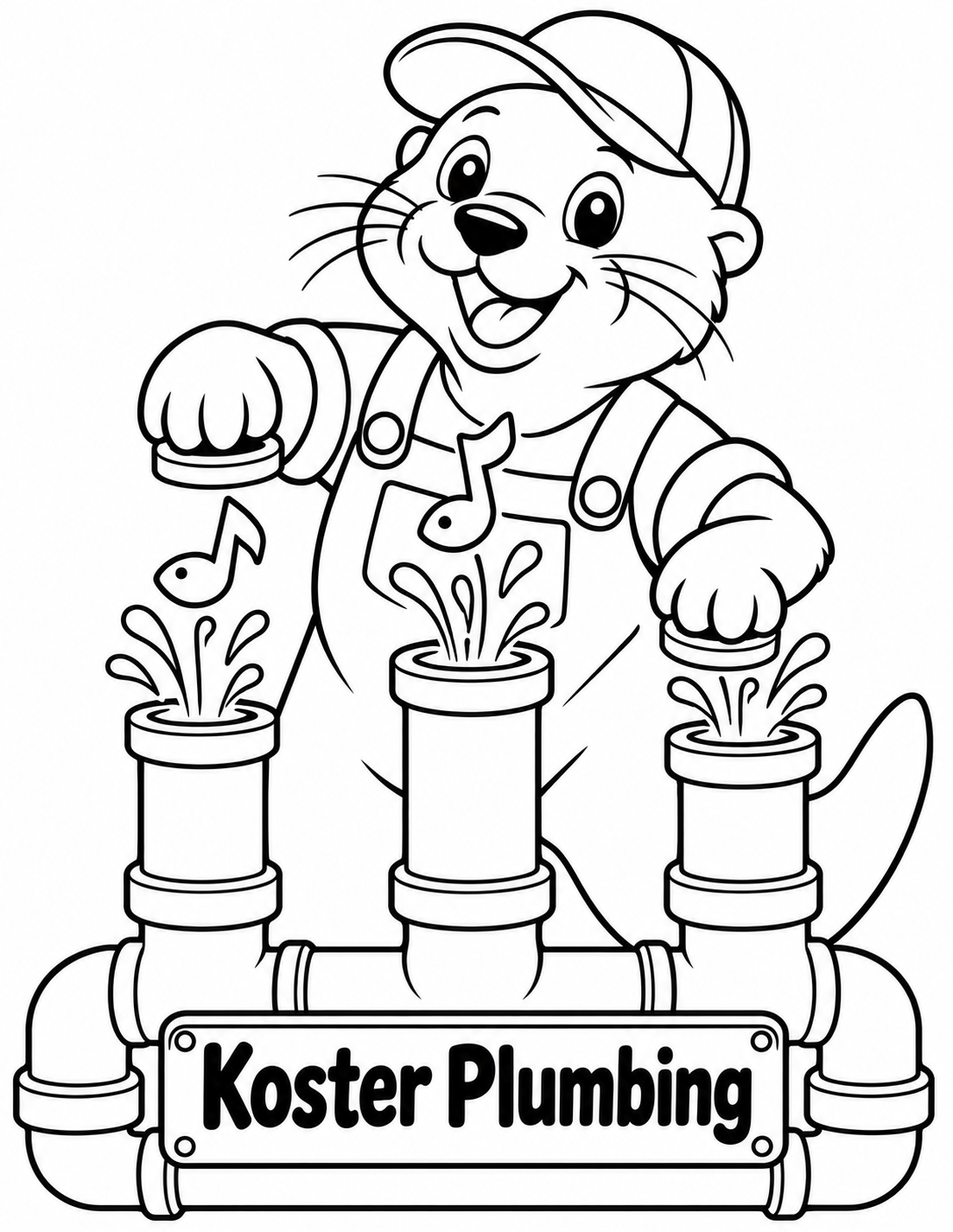 A cheerful otter plumber plays a simple three-pipe water organ while fish-shaped notes rise from the open ends.