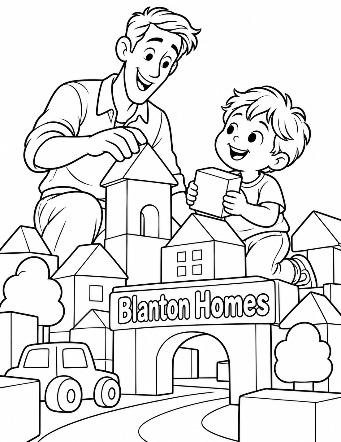 A parent and child stack oversized house blocks into a cheerful miniature neighborhood around them.