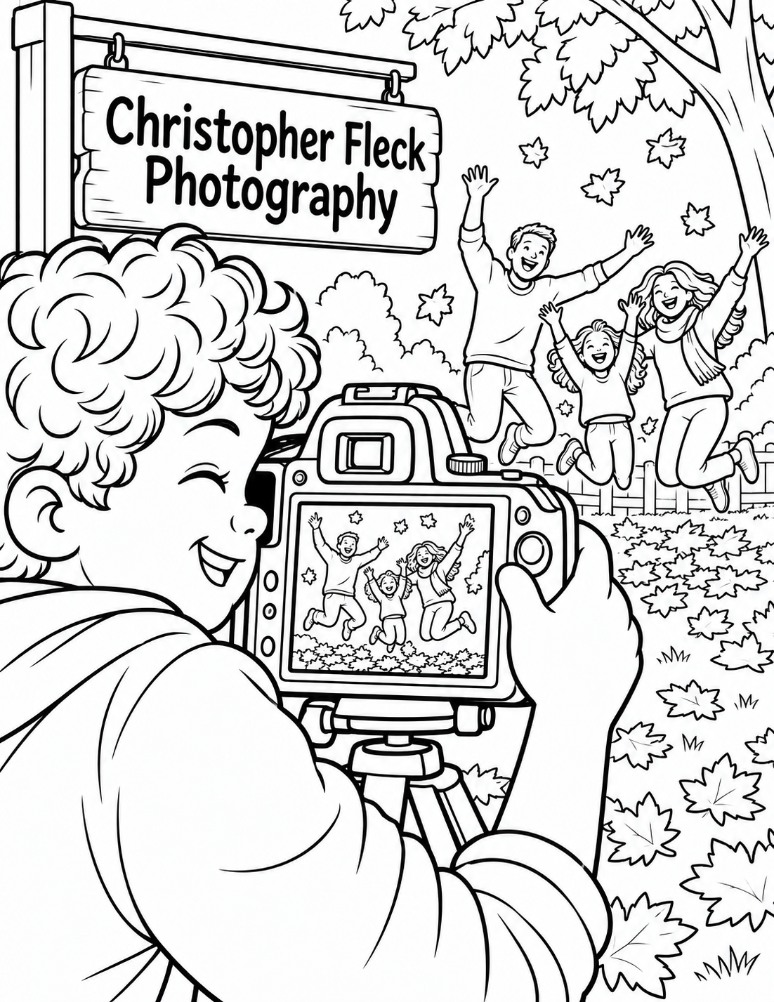 A child photographer peers through an oversized camera viewfinder that frames a family mid-jump among autumn leaves.