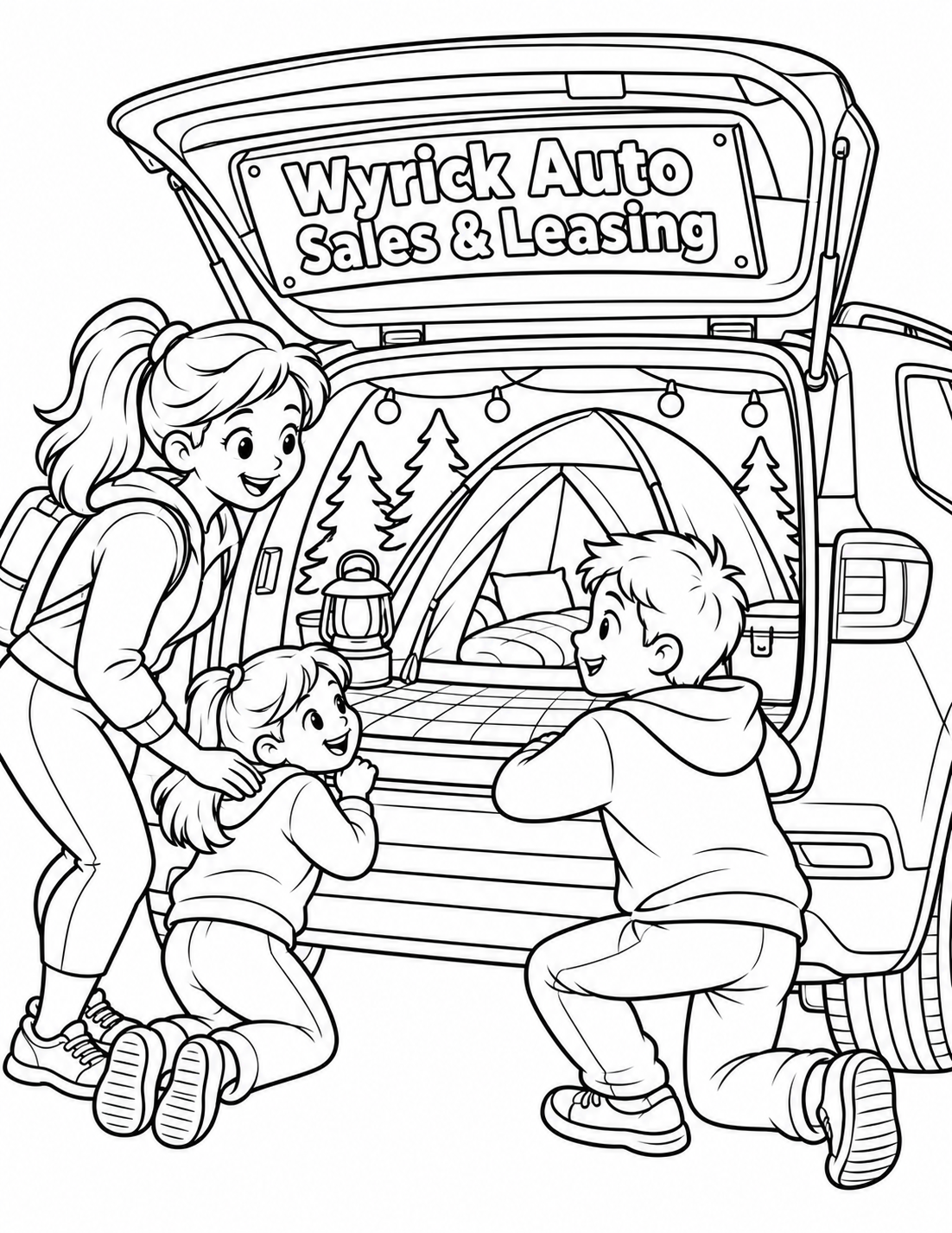 A family opens a car trunk that unfolds into a tiny campground with a tent, lantern and pine trees.