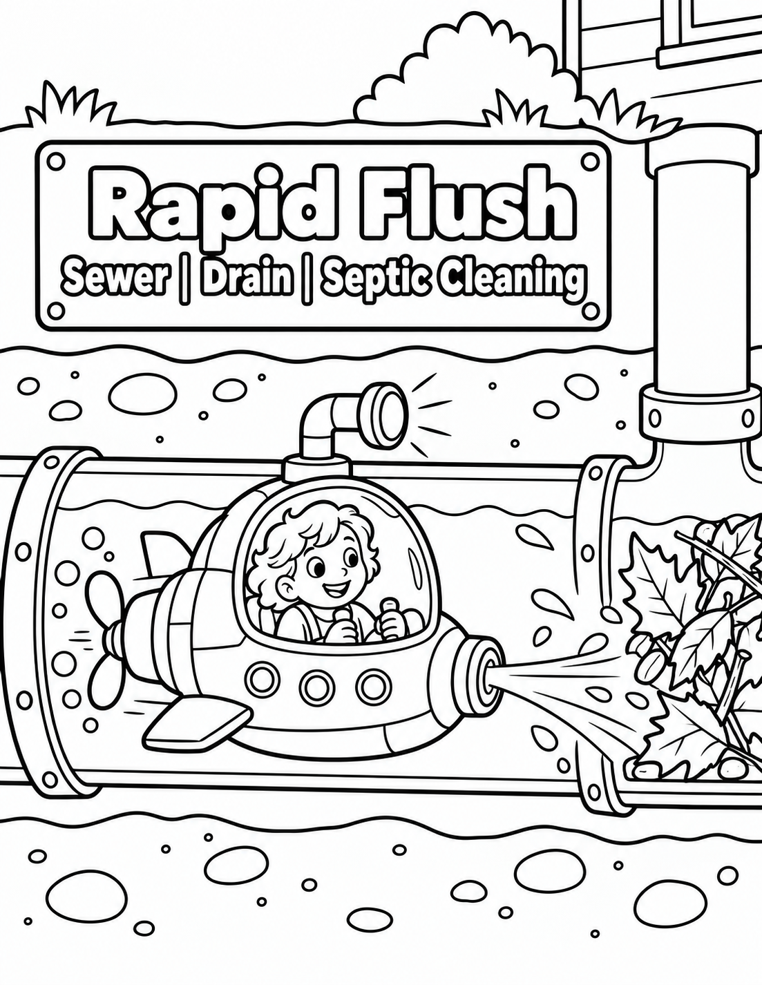 A child imagines a tiny maintenance submarine traveling through one clear oversized drain pipe toward a leaf clog.