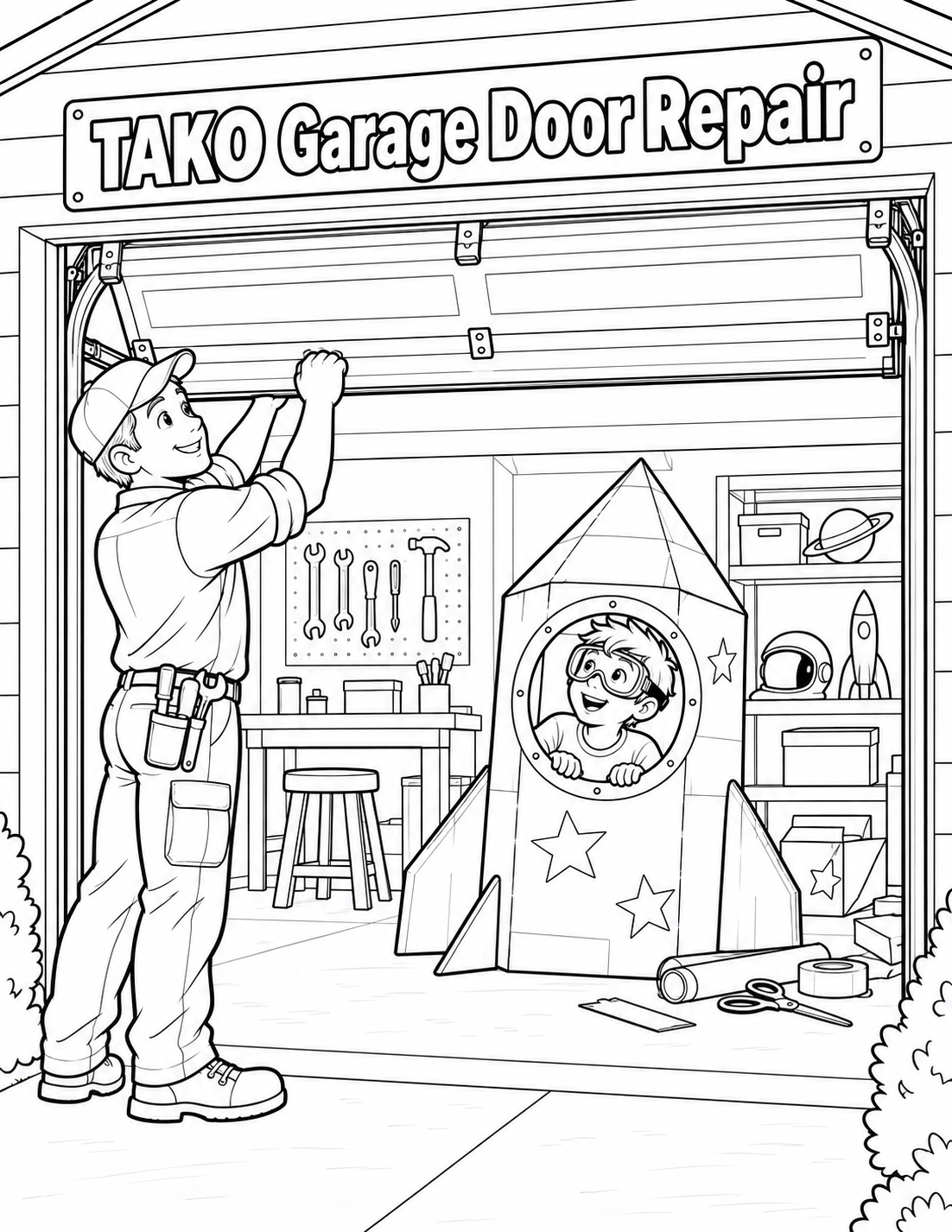 A technician raises an overhead garage door to reveal a child’s cardboard rocket workshop ready for launch.