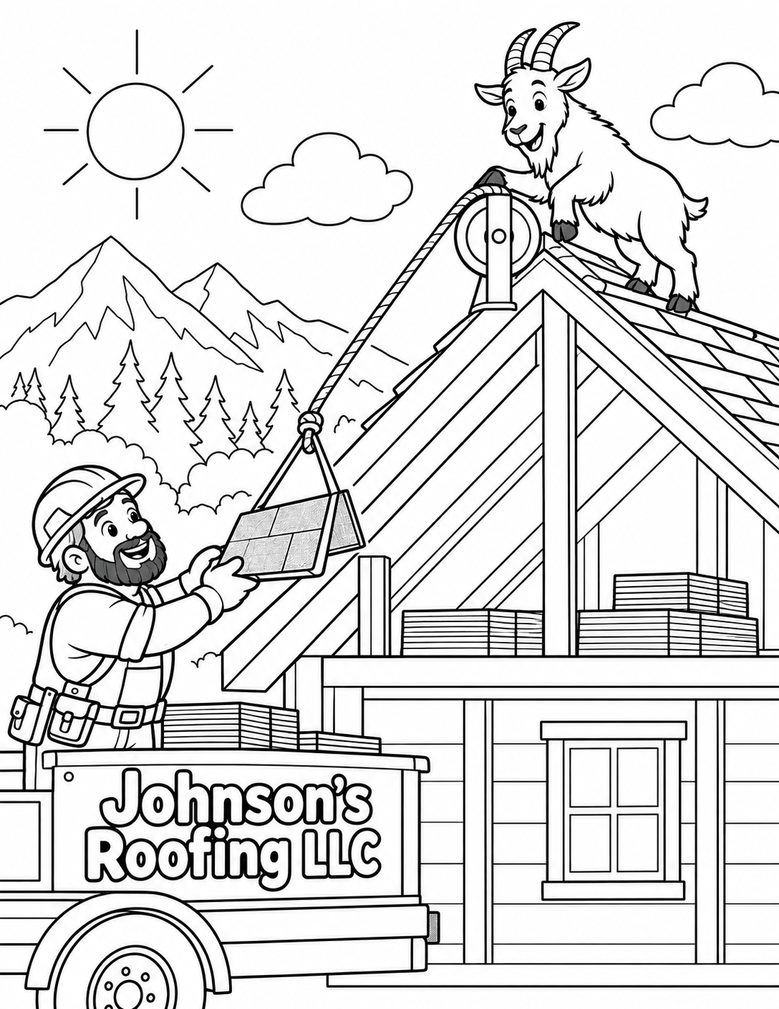 A skilled roofer and a friendly mountain goat send one shingle up a safe pulley to the ridge of a roof shaped like a small mountain.